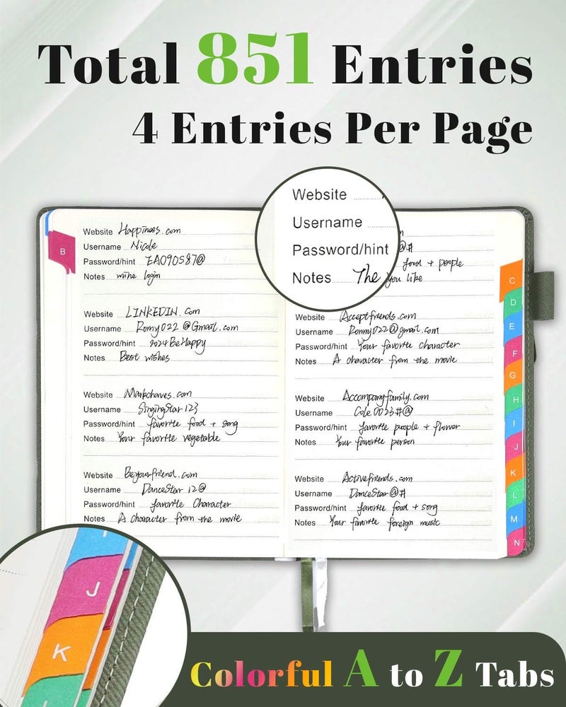 hi!SCI Password Keeper Book with Colorful Alphabetical Tabs, Hardcover Password Log-book for Internet Password and Website Address, 5.8"Ã—8.4" Password Notebook for Home Office (Sage Green) - Image 3