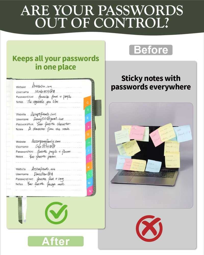 hi!SCI Password Keeper Book with Colorful Alphabetical Tabs, Hardcover Password Log-book for Internet Password and Website Address, 5.8"Ã—8.4" Password Notebook for Home Office (Sage Green) - Image 2