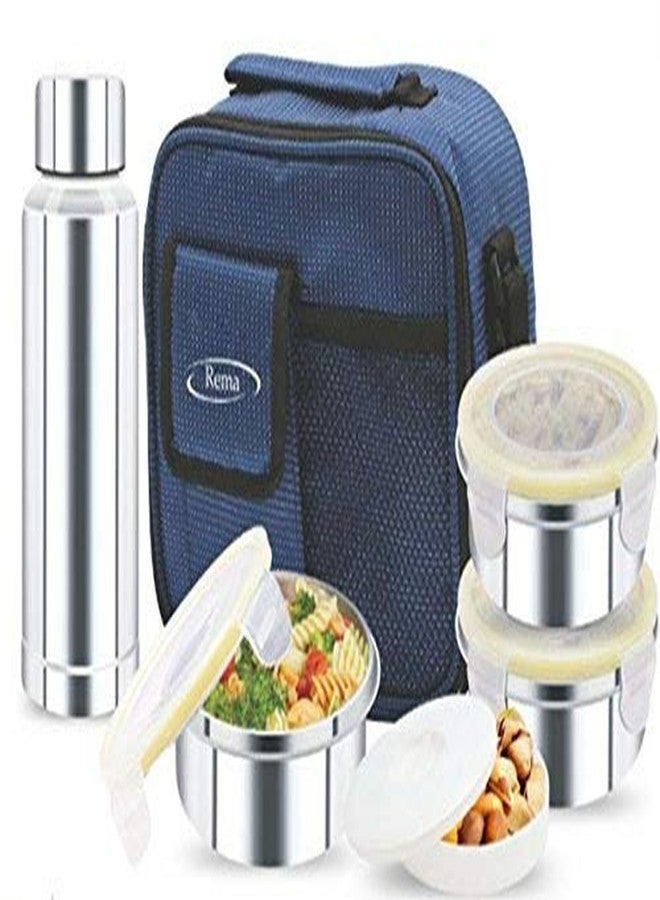 Rema - Stainless Steel Lunch Box Set with 3 Steel Containers + 1 Steel Bottle + 1 Plastic Container + Bag, Stylish Lunch Box for Office for Women Men Tiffin Box Set with Bag (Made in India) - Image 1