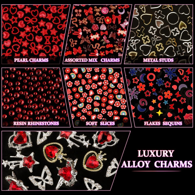 editTime 650pcs Mixed 3D Nail Charms Kit, 12pcs Luxury Metal Nail Rhinestones and 250pcs Resin Butterfly Flower Star Heart Bow Charms with 400pcs Flatback Pearls Rhinestone Metal Gems Charms (Red) - Image 4