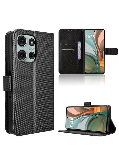 جراب هاتف جلدي بنقشة ماسية لهاتف Motorola Moto G75 5G (أسود)