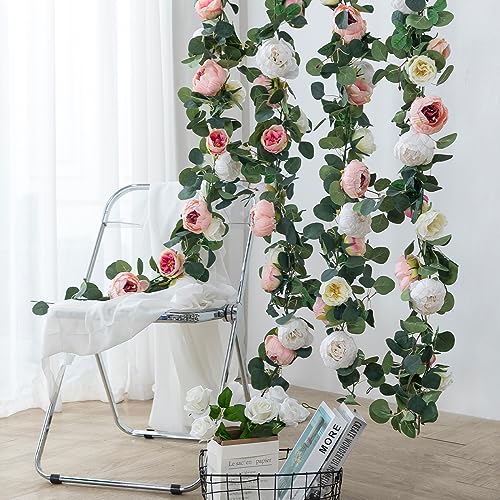 Floweroyal 2 Pack Artificial Flower Garlands 11.2FT Eucalyptus Garlands with Flowers 8 Head Peony Flower Vine Faux Floral Garland for Wedding Arch Table Wall Backdrop Wreath Decoration. (Pink & White) - Image 5