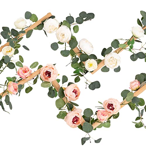Floweroyal 2 Pack Artificial Flower Garlands 11.2FT Eucalyptus Garlands with Flowers 8 Head Peony Flower Vine Faux Floral Garland for Wedding Arch Table Wall Backdrop Wreath Decoration. (Pink & White) - Image 1