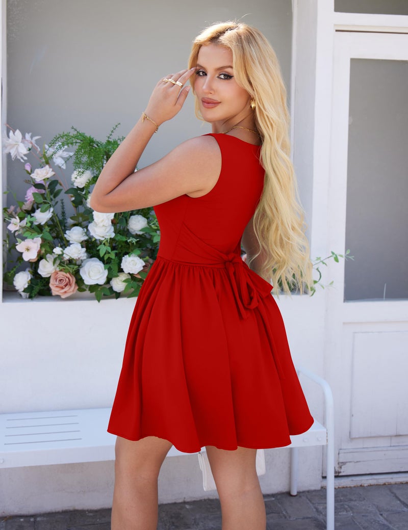 YMDUCH Women's Summer Sleeveless Square Neck A-line Ruffle Hem Mini Tank Dress with Pockets Red - Image 2