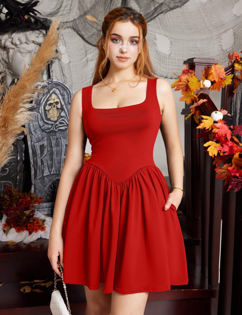 YMDUCH Women's Summer Sleeveless Square Neck A-line Ruffle Hem Mini Tank Dress with Pockets Red - Image 3