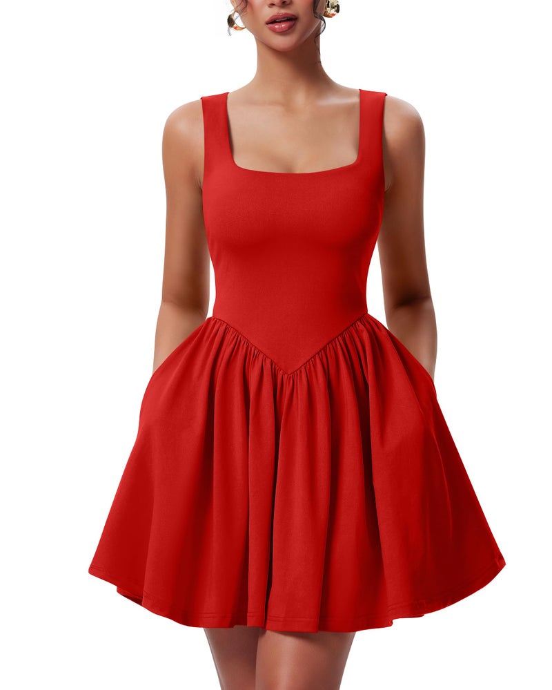 YMDUCH Women's Summer Sleeveless Square Neck A-line Ruffle Hem Mini Tank Dress with Pockets Red - Image 1