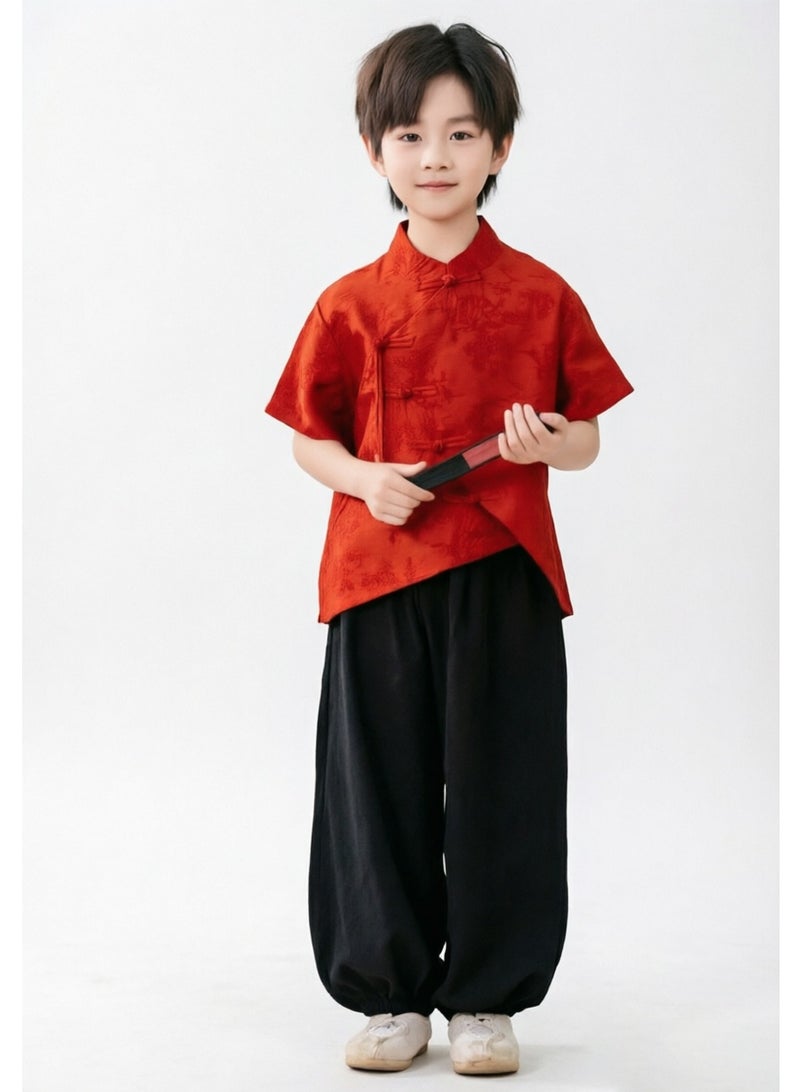liannaner Kids New Chinese Style Outfit, Red Frog Button Top & Black Harem Pants, Boys Hanfu for Spring Festival, Stage Performance, Daily Wea - Image 1