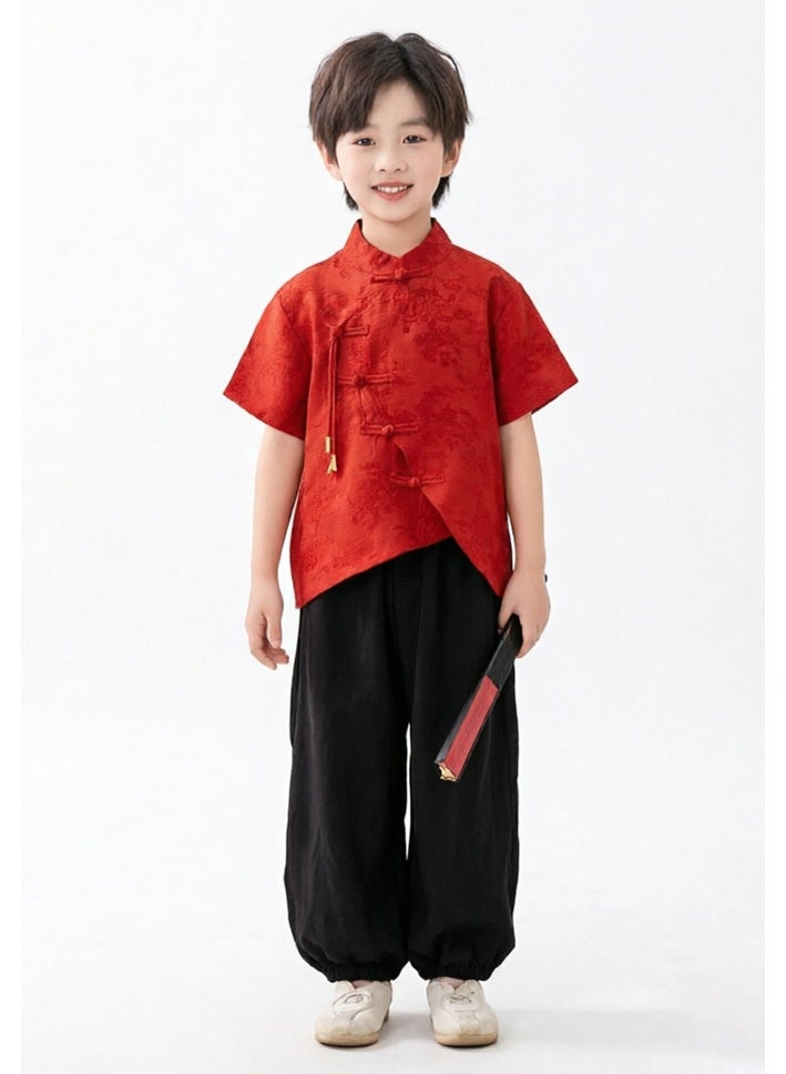 liannaner Kids New Chinese Style Outfit, Red Frog Button Top & Black Harem Pants, Boys Hanfu for Spring Festival, Stage Performance, Daily Wea - Image 2