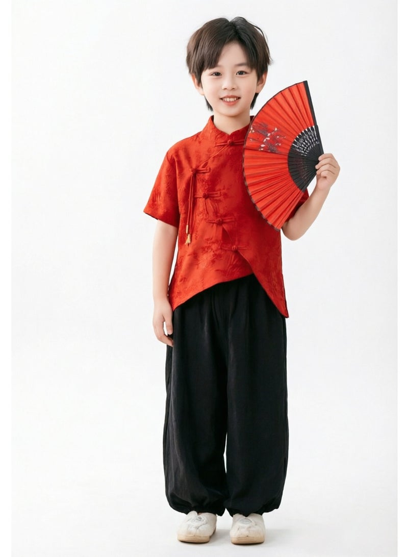 liannaner Kids New Chinese Style Outfit, Red Frog Button Top & Black Harem Pants, Boys Hanfu for Spring Festival, Stage Performance, Daily Wea - Image 3