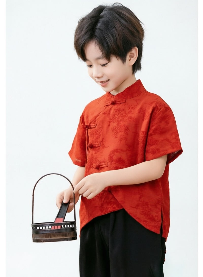 liannaner Kids New Chinese Style Outfit, Red Frog Button Top & Black Harem Pants, Boys Hanfu for Spring Festival, Stage Performance, Daily Wea - Image 4