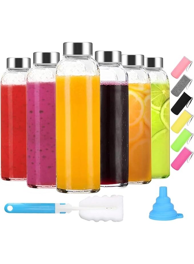 Clear Glass Bottles with Lids 18oz - 6 Pack Empty Reusable Glass Water Bottles with Sleeves, Stainless Steel Lids, Funnel & Brush for Hot & Cold Drinks, Juice & Tea - Beverage, Milk & Smoothie - Image 1