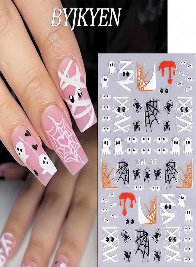 BYJKYEN Halloween Nail Stickers for Nail Art, Cute Ghost Nail Decals 6 Sheets 3D Self-Adhesive Bat Skull Pumpkin Spider Cute Ghost Nail Art Design Sticker Halloween DIY Manicure Charms for Holiday Decoration - Image 5