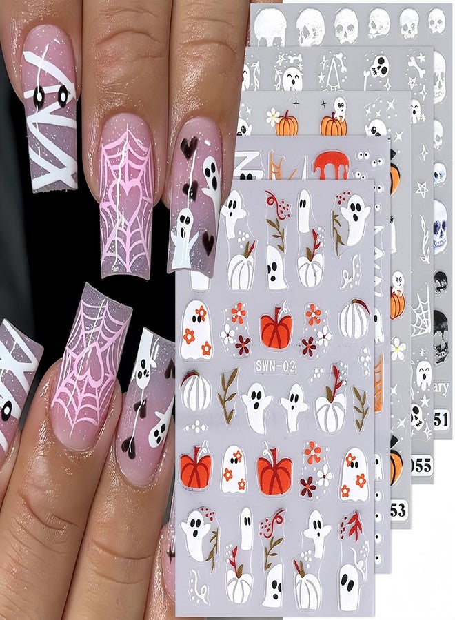 BYJKYEN Halloween Nail Stickers for Nail Art, Cute Ghost Nail Decals 6 Sheets 3D Self-Adhesive Bat Skull Pumpkin Spider Cute Ghost Nail Art Design Sticker Halloween DIY Manicure Charms for Holiday Decoration - Image 1
