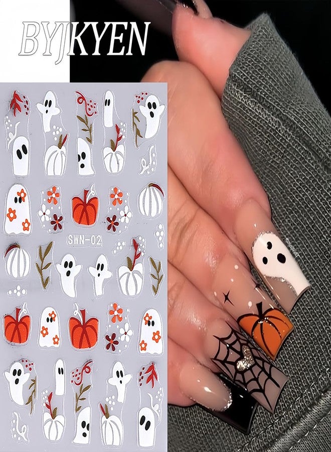 BYJKYEN Halloween Nail Stickers for Nail Art, Cute Ghost Nail Decals 6 Sheets 3D Self-Adhesive Bat Skull Pumpkin Spider Cute Ghost Nail Art Design Sticker Halloween DIY Manicure Charms for Holiday Decoration - Image 4