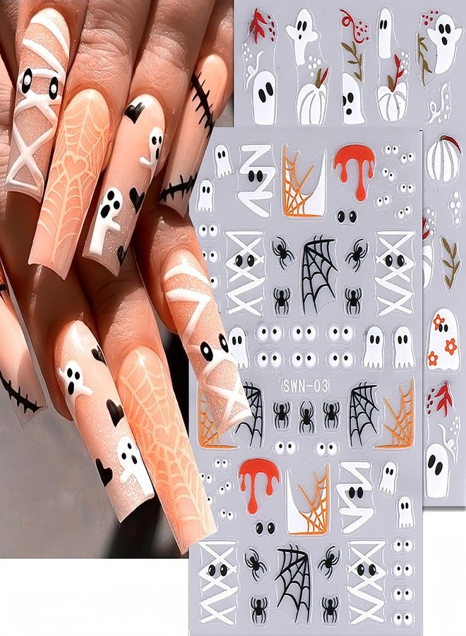 BYJKYEN Halloween Nail Stickers for Nail Art, Cute Ghost Nail Decals 6 Sheets 3D Self-Adhesive Bat Skull Pumpkin Spider Cute Ghost Nail Art Design Sticker Halloween DIY Manicure Charms for Holiday Decoration - Image 2