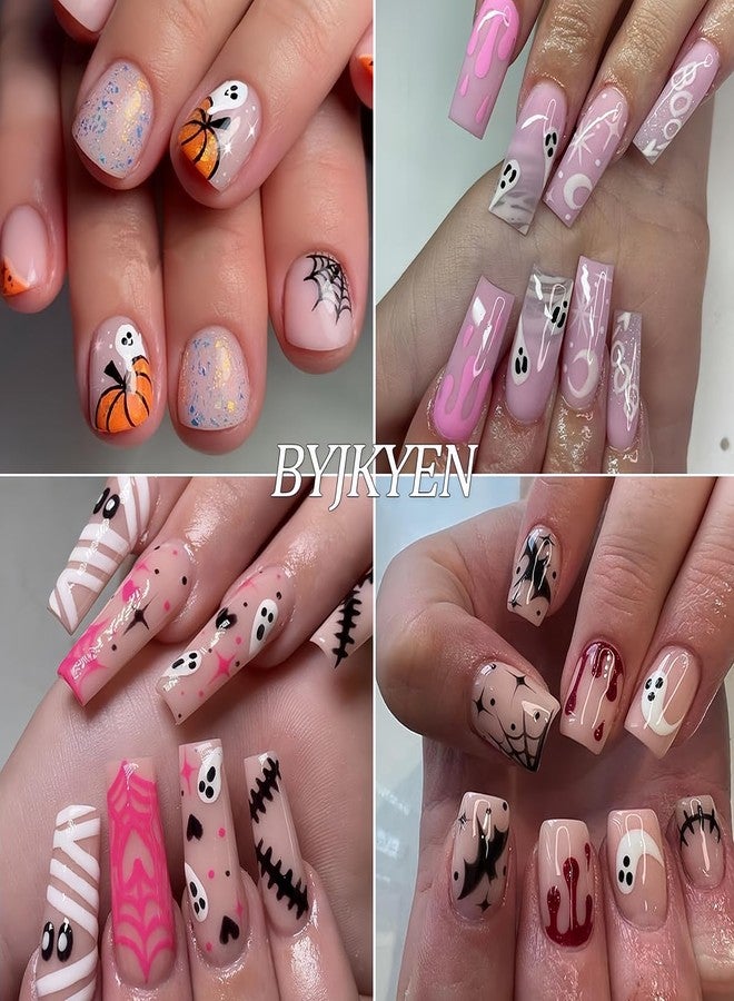 BYJKYEN Halloween Nail Stickers for Nail Art, Cute Ghost Nail Decals 6 Sheets 3D Self-Adhesive Bat Skull Pumpkin Spider Cute Ghost Nail Art Design Sticker Halloween DIY Manicure Charms for Holiday Decoration - Image 3