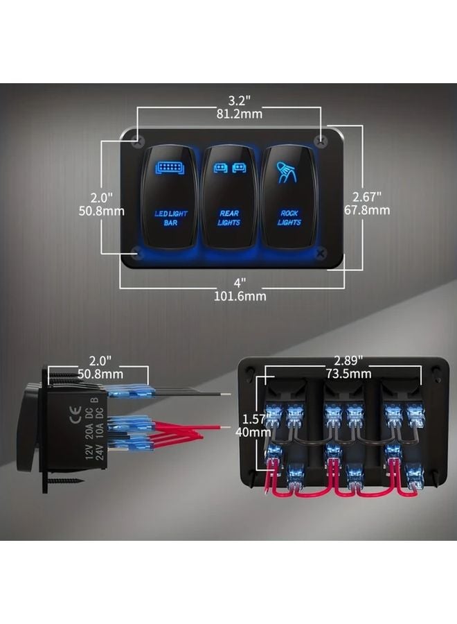 Blue LED 12V 3 Gang Rocker Switch Panel For Truck Car Jeep RV Marine Boat - Image 3