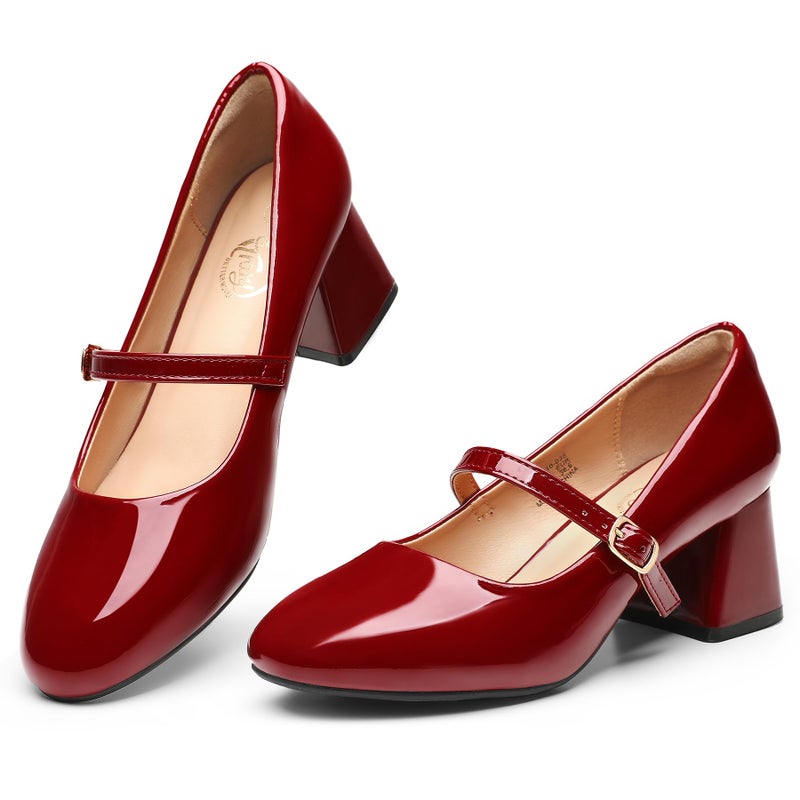 Trary Mary Jane Shoes Women,Chunky Pumps Shoes Dressy Casual,Closed Toe Heels Burgundy 8 - Image 1
