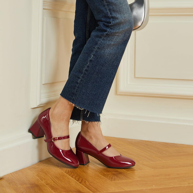 Trary Mary Jane Shoes Women,Chunky Pumps Shoes Dressy Casual,Closed Toe Heels Burgundy 8 - Image 3