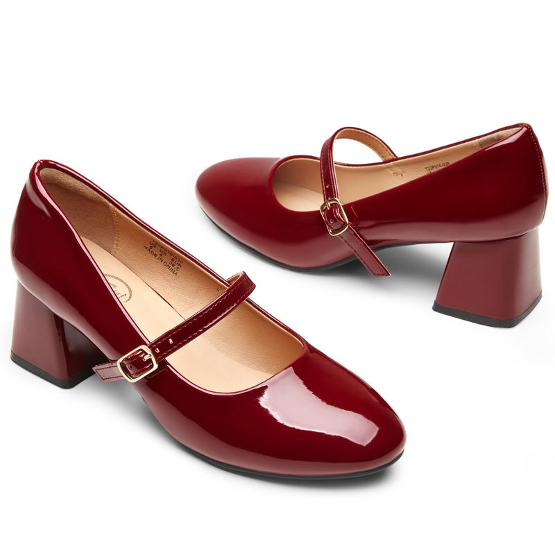 Trary Mary Jane Shoes Women,Chunky Pumps Shoes Dressy Casual,Closed Toe Heels Burgundy 8 - Image 5