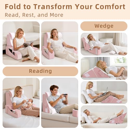 ESUERDO 5PCS Reading Pillow for Sitting in Bed Adult, 2 in 1 Foldable Back Wedge Pillow for Sleep, Ergonomic Back Support Pillow with Arms for Watching TV, Gaming, Working, Recovery, 19” Pink - Image 3