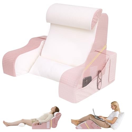 ESUERDO 5PCS Reading Pillow for Sitting in Bed Adult, 2 in 1 Foldable Back Wedge Pillow for Sleep, Ergonomic Back Support Pillow with Arms for Watching TV, Gaming, Working, Recovery, 19” Pink - Image 1