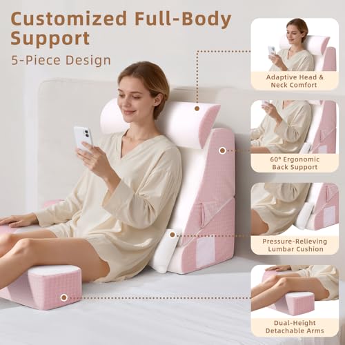 ESUERDO 5PCS Reading Pillow for Sitting in Bed Adult, 2 in 1 Foldable Back Wedge Pillow for Sleep, Ergonomic Back Support Pillow with Arms for Watching TV, Gaming, Working, Recovery, 19” Pink - Image 4