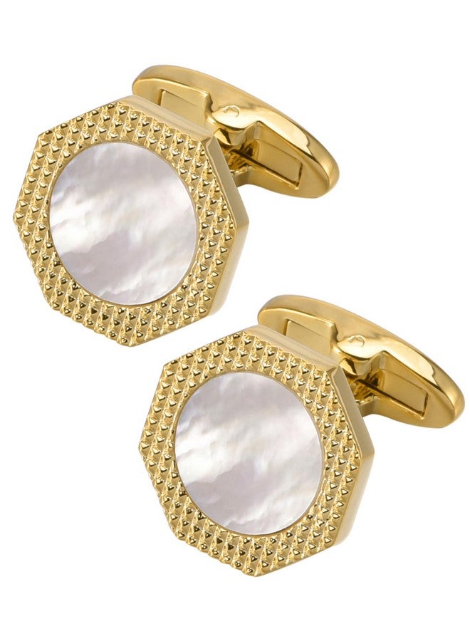 Jonwo Octagon Mother Of Pearl Men Cufflinks With Gift Box Silver Gold Plated Cufflinks For Men Wedding Tuxedo Shirt Party Birthday Anniversary Dress (Gold Plated Cufflinks In Gift Box) - Image 1