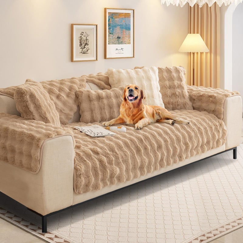 SHANNA Thick Rabbit Plush Sofa Cover 1 2 3 Seater New Universal NonSlip Corner Sofa Cover L Shape Super Soft Faux Fur Sofa Slipcovers for Living RoomKhaki 70  70cm Armrest or Backrest
