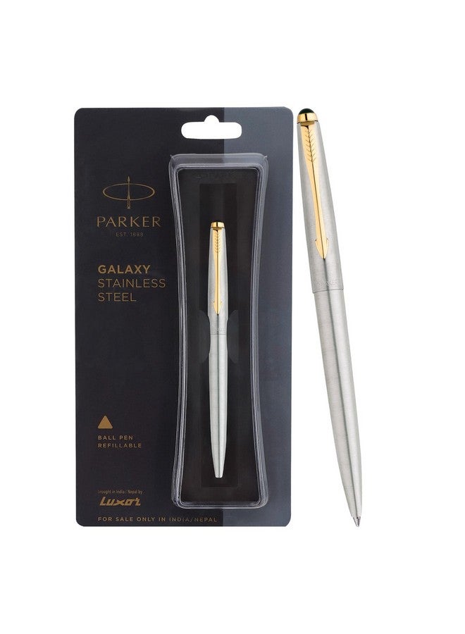 Parker Galaxy Stainless Steel Gold Trim Ball Pen| Ink Color - Blue | Perfect For Professional Use | Elite Pen For Corporate Purposes - Image 1
