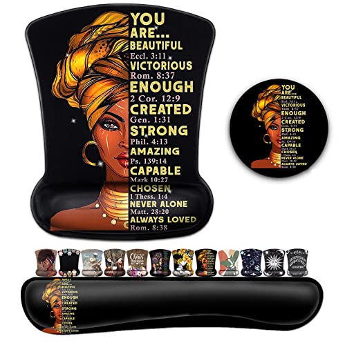 JVGFYNKL Black Mouse Pad with Stitched Edge, Non-Slip Rubber Base, African American Wall Art Black Woman Queen Pattern，Office Accessories Desk Decor for Computers, Mouse Pad and Keyboard Wrist Guard Set - Image 1