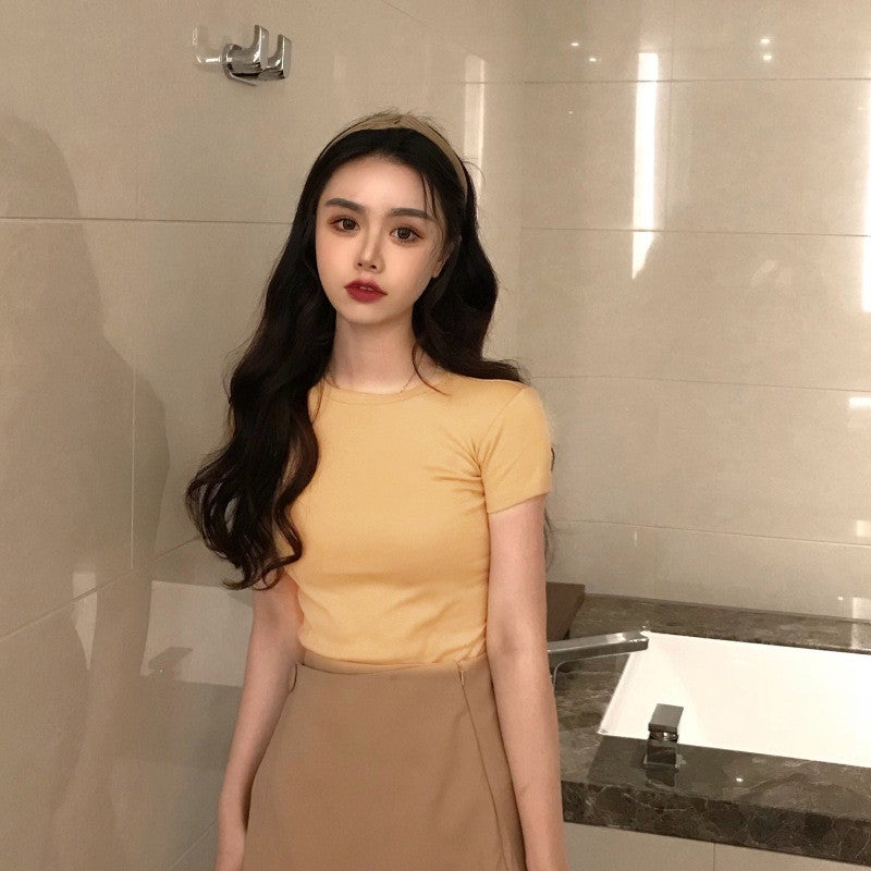 2024 Summer Solid Slim-Fit Fashionable Korean T-Shirt for Women Light card solid color Light card solid color