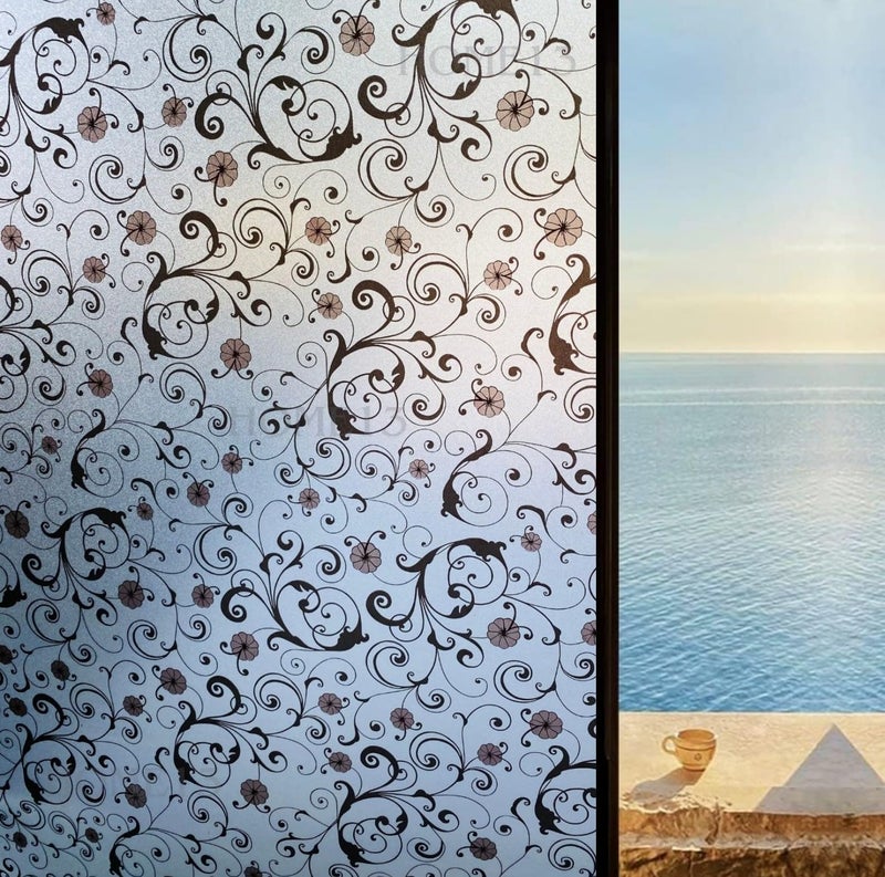 HOME13™ Frosted Glass Window Film Self Adheisve Decoartive Window Privacy Film Heat Control Removable Vinyl Window Sticker for Home Office (16"x50" Inch, Black Flower) - Image 1