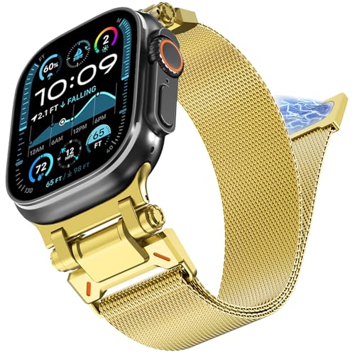 WINGLE Milanese Loop for Gold Apple Watch Band Ultra 3/2/1 Band 49mm Series 11 10 46mm 45mm 44mm 42mm SE 3/2/1 9 8 7 6 5 4 3 Men, Magnetic Mesh Stainless Steel Metal Connector iWatch Strap, Gold - Image 1