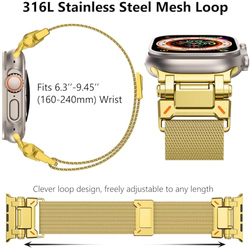 WINGLE Milanese Loop for Gold Apple Watch Band Ultra 3/2/1 Band 49mm Series 11 10 46mm 45mm 44mm 42mm SE 3/2/1 9 8 7 6 5 4 3 Men, Magnetic Mesh Stainless Steel Metal Connector iWatch Strap, Gold - Image 4