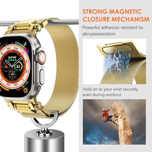 WINGLE Milanese Loop for Gold Apple Watch Band Ultra 3/2/1 Band 49mm Series 11 10 46mm 45mm 44mm 42mm SE 3/2/1 9 8 7 6 5 4 3 Men, Magnetic Mesh Stainless Steel Metal Connector iWatch Strap, Gold - Image 3