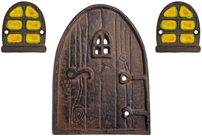 Lulu Decor Lulu Decor 100 Cast Iron Rustic Brown Miniature Fairy Door 8 with 2 Windows Garden Ornament Ideal for Bottom of Trees 8 Inch  Round Top 