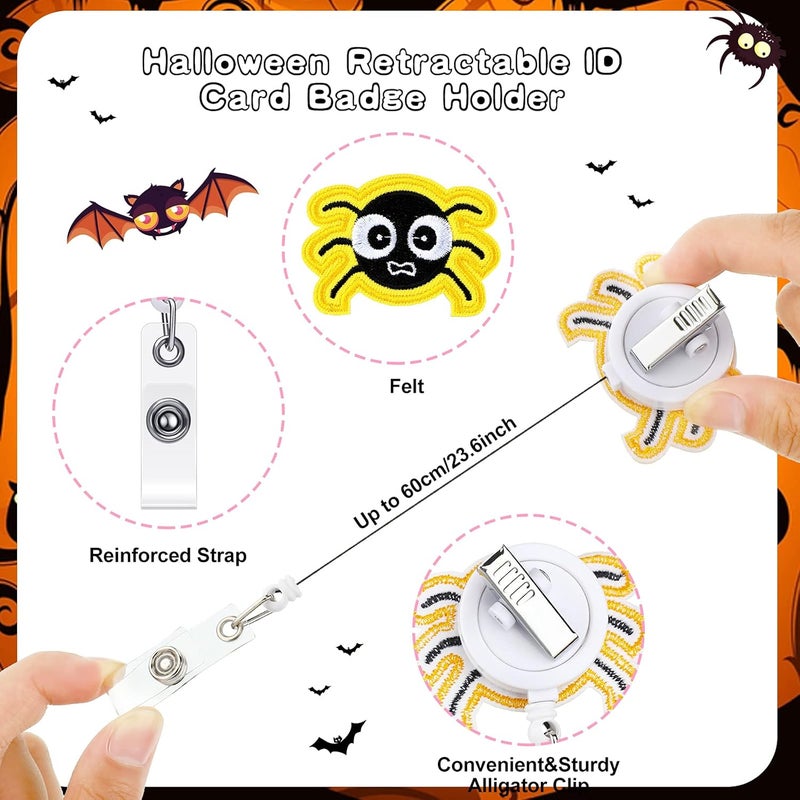 كلاراكو قطع من بكرات شارة الهالوين القابلة للسحب المصنوعة من اللباد، حامل شارة اسم الهوية، شارة هالوين على شكل قرع وعنكبوت وجمجمة وقبعة ساحرة، بكرات شارة ممرضة مع مشبك على شكل تمساح لموظفي المكاتب والأطباء والممرضات، 6 أنماط - Image 3