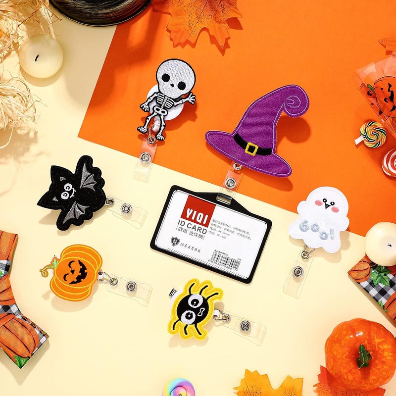 كلاراكو قطع من بكرات شارة الهالوين القابلة للسحب المصنوعة من اللباد، حامل شارة اسم الهوية، شارة هالوين على شكل قرع وعنكبوت وجمجمة وقبعة ساحرة، بكرات شارة ممرضة مع مشبك على شكل تمساح لموظفي المكاتب والأطباء والممرضات، 6 أنماط - Image 4