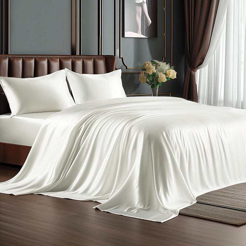 BEDELITE King Size Sheets Set, Luxury Soft Ivory White Satin Sheets for Hair and Skin, Similar to Silk Bed Sheets Set 4 Pieces with 1 Deep Pocket Fitted Sheet, 1 Flat Sheet, and 2 Pillowcases - Image 1