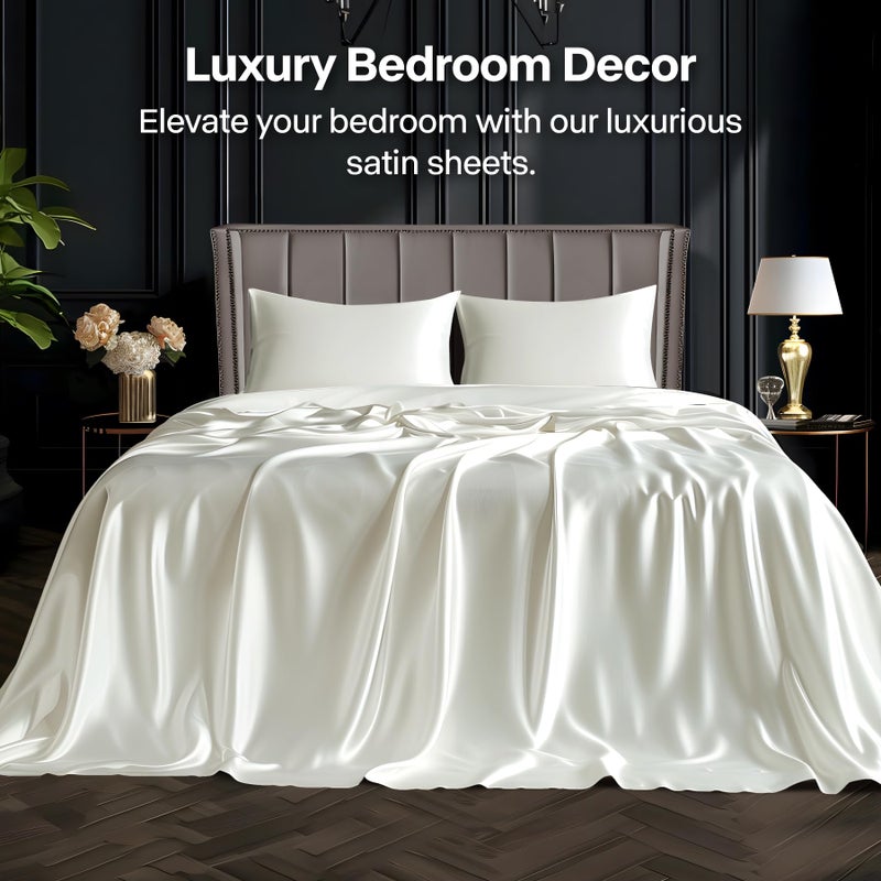 BEDELITE King Size Sheets Set, Luxury Soft Ivory White Satin Sheets for Hair and Skin, Similar to Silk Bed Sheets Set 4 Pieces with 1 Deep Pocket Fitted Sheet, 1 Flat Sheet, and 2 Pillowcases - Image 2