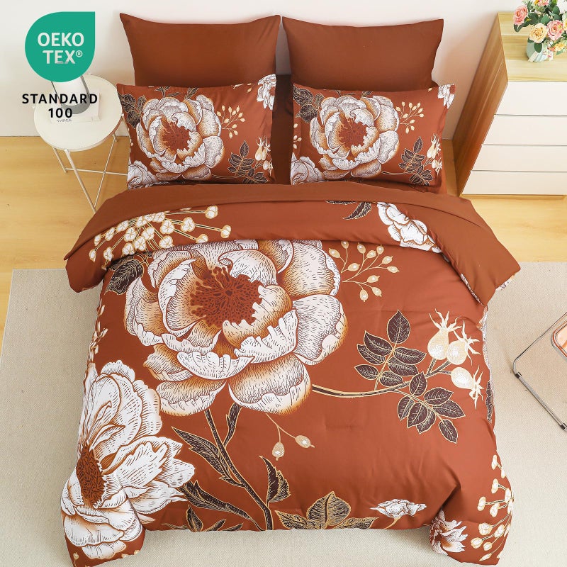 Luxudecor Floral Comforter Set Queen Size 7 Pieces Bed in a Bag,Flower Print on Terracotta Bedding Set,Soft Microfiber Bedding Set for All Season (Terracotta,90"x90") - Image 3