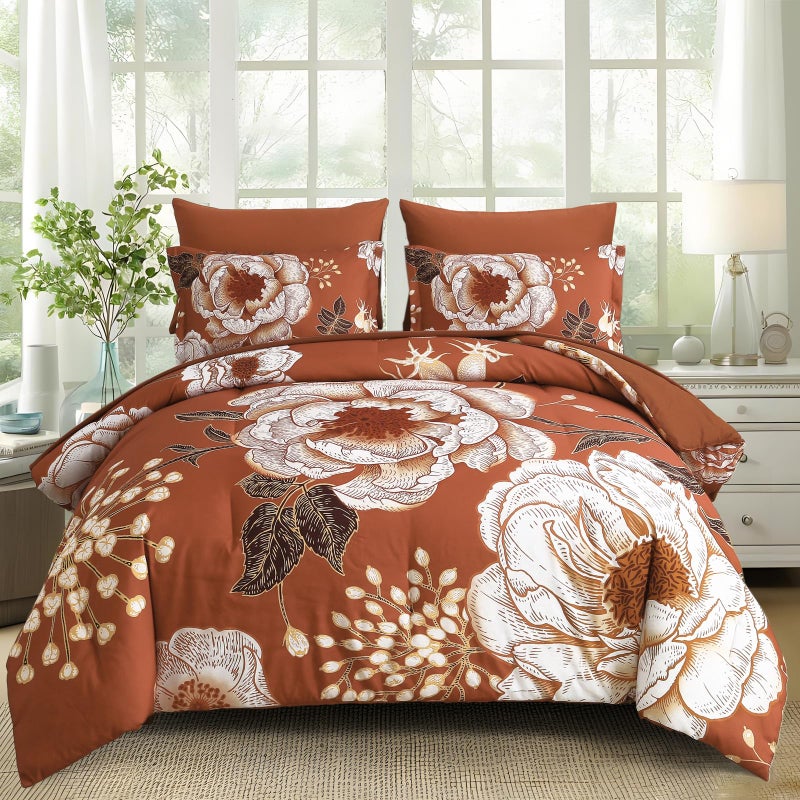 Luxudecor Floral Comforter Set Queen Size 7 Pieces Bed in a Bag,Flower Print on Terracotta Bedding Set,Soft Microfiber Bedding Set for All Season (Terracotta,90"x90") - Image 1