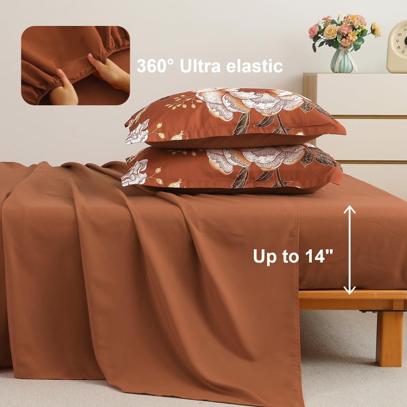 Luxudecor Floral Comforter Set Queen Size 7 Pieces Bed in a Bag,Flower Print on Terracotta Bedding Set,Soft Microfiber Bedding Set for All Season (Terracotta,90"x90") - Image 4