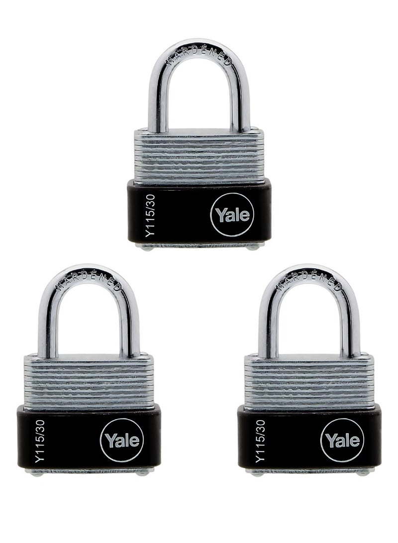 Yale Y115/30/117/3 Laminated Steel Padlock 30mm  Outdoor Security with Rubber Bumper, Pack of 3 
