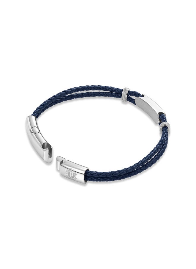 POLICE - Twincord BraceletDouble Row Navy Leather with Stainless Steel Rings and Central Screwed PlaqueRugged and Sophisticated Men's Style - Image 1