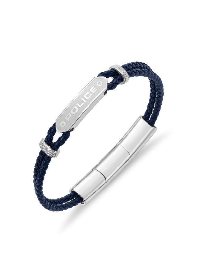 POLICE - Twincord BraceletDouble Row Navy Leather with Stainless Steel Rings and Central Screwed PlaqueRugged and Sophisticated Men's Style - Image 1