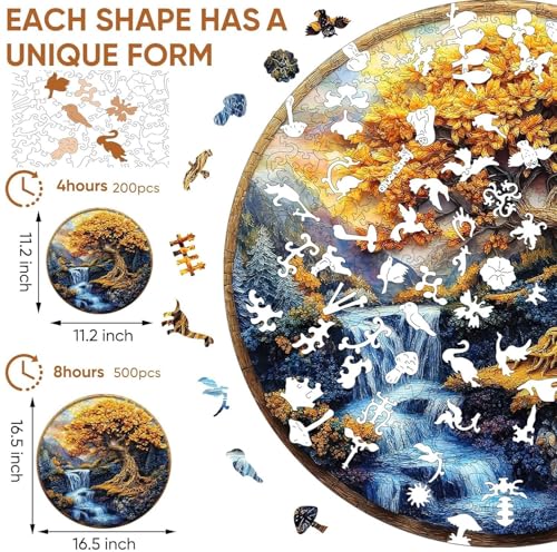 Qiuenisray Wooden Puzzles for Adults 500 Pieces Tree of Life Waterfall River Round Jigsaw Puzzles FSC Certified Unique Shape Adult Puzzles Piece Wood Creative Gift for Family Game 165x165 in - Image 5