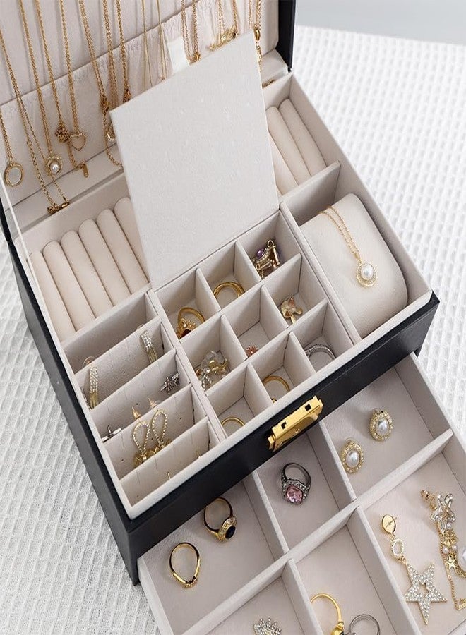 Runmay Jewellery Box For Women Girl Large Pu Leather Jewellery Organizer Storage Case With Two Layers Display For Earrings Bracelets Rings Earring Holder With Lock (PU Leather Jewelry Box -Black) - Image 5