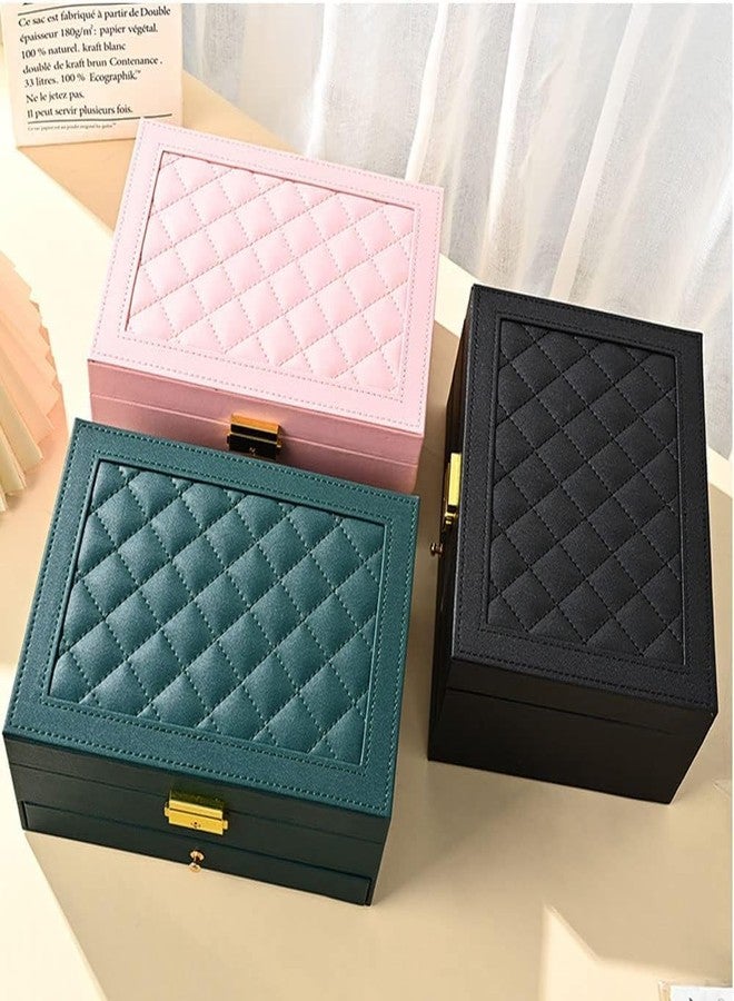 Runmay Jewellery Box For Women Girl Large Pu Leather Jewellery Organizer Storage Case With Two Layers Display For Earrings Bracelets Rings Earring Holder With Lock (PU Leather Jewelry Box -Black) - Image 2